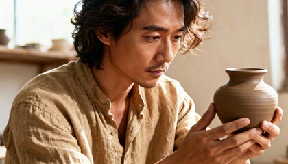 A focused Asian artisan potter inspecting a handmade clay pot in his workshop. Male craftsman concentrating on his ceramic creation. Traditional craft and small business concept