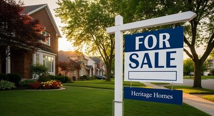 Charming suburban homes at sunrise with for sale sign in landscaped neighborhood