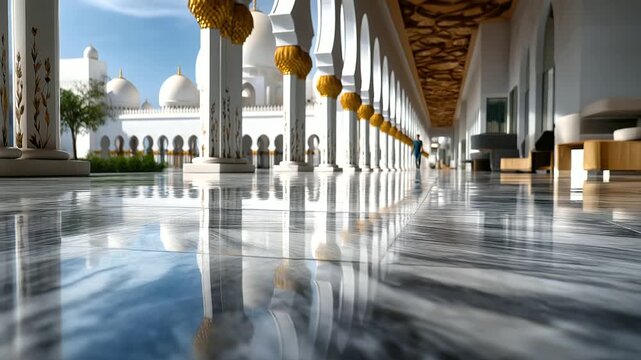 Softly blurred reflection of domes and arches on polished marble floor, subtle human shape visible in the distance, with copy space.