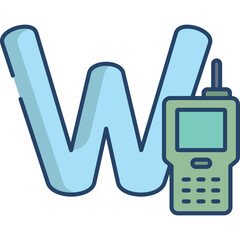 Light blue letter W graphic with a green walkie talkie on a transparent background creating a clean communication concept