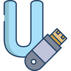 Light Blue Letter U Icon with Gray and Yellow USB Flash Drive Attached Vector Illustration Transparent Background Data Storage Technology Concept