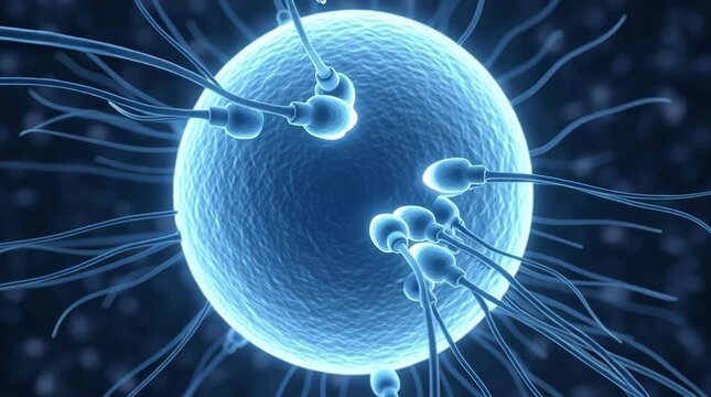 Numerous sperm cells surrounding a large, glowing blue egg cell.