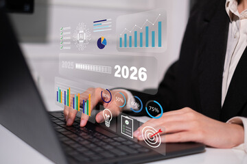 Businessman looking forward to new year 2026 growth future success vision goal target marketing strategy planning to achieve new high sales management development global forecast information challenge