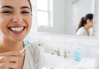 Bright morning routine with smiling woman holding toothbrush in modern bathroom setting