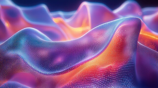 Abstract, flowing waves of iridescent particles in blue, orange, and purple