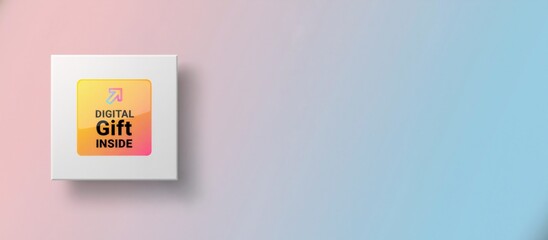 Obraz premium Digital gift box on a modern gradient background. E-commerce and online shopping technology concept. Minimalist banner with copy space