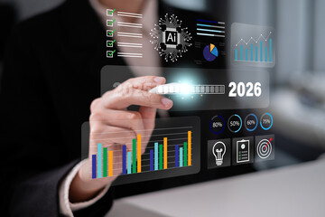 Businessman looking forward to new year 2026 growth future success vision goal target marketing strategy planning to achieve new high sales management development global forecast information challenge