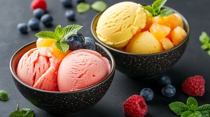 Two bowls of fruity ice cream with refreshing slushies