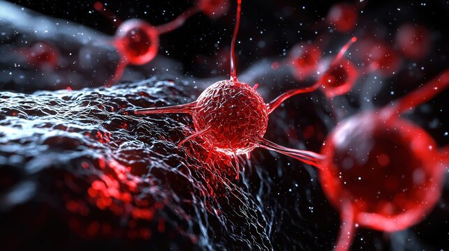 Abstract red spiky orbs linked to textured grey surface, against a dark backdrop