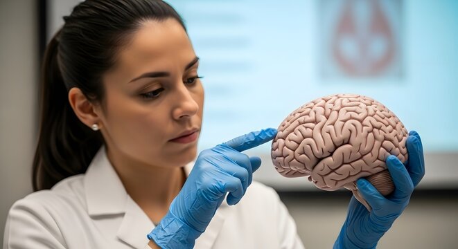 Medical professional examining brain model for educational and research purposes in healthcare setting - Powered by Adobe