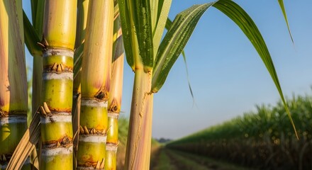 Fototapeta premium Close-up of vibrant sugarcane in a lush field under a clear blue sky - nature and agriculture