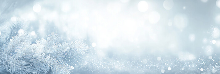 Wintery scene with white fir branches and bokeh, perfect for holiday greeting cards, winter backgrounds, christmas designs, and seasonal advertisements.