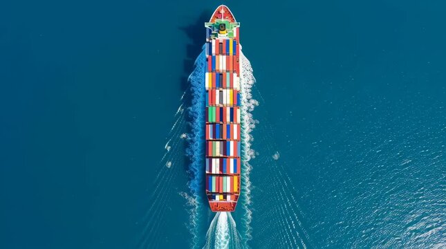 Top-down aerial view of a large container ship moving through deep blue ocean water.