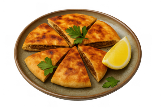 Arayes, middle eastern stuffed pita bread with spiced minced meat, lemon, and parsley, transparent background