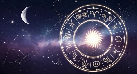 Cosmic zodiac wheel under crescent moon and starry sky illustration for astrology concepts