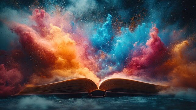 Open book with vibrant colored smoke - Powered by Adobe
