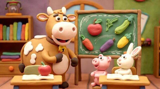Educational Clay Animation Scene Featuring Cow Teacher at Blackboard with Vegetable Drawings and Pig and Rabbit Students in Classroom Setting