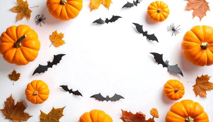 Halloween flat lay with pumpkins, bats, spiders and autumn leaves.