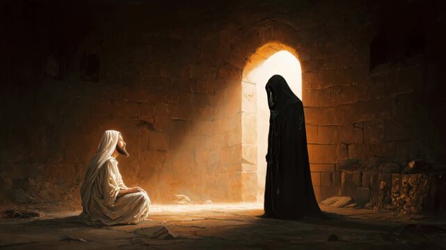 Encounter in the wilderness between Jesus and Satan featuring dramatic lighting and a dark atmosphere