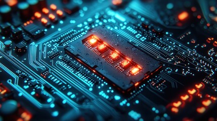 Close-up of a circuit board with a central processor, glowing with orange light