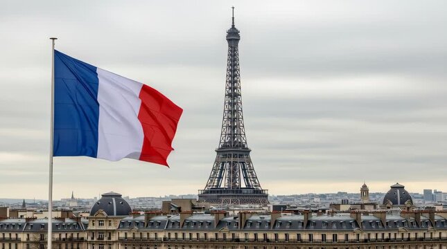 The French flag waving in the foreground against a view of the Paris skyline, featuring the Eiffel Tower and the D&ocirc;me des Invalides under a cloudy sky.