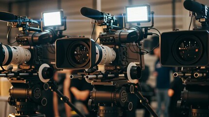 A line of professional video cameras on tripods, illuminated by warm production lights, ready for filming. - Powered by Adobe