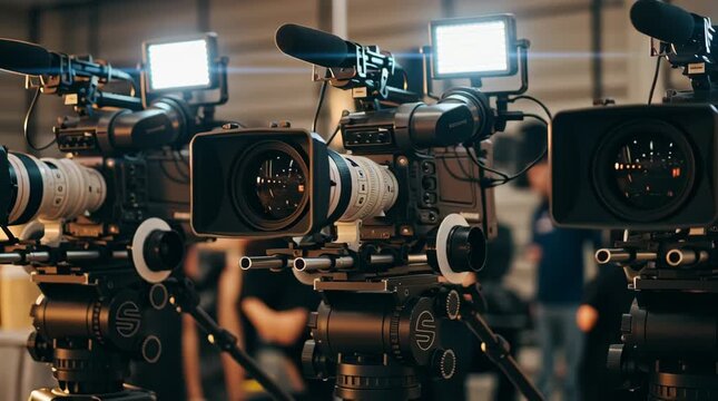 A line of professional video cameras on tripods, illuminated by warm production lights, ready for filming.