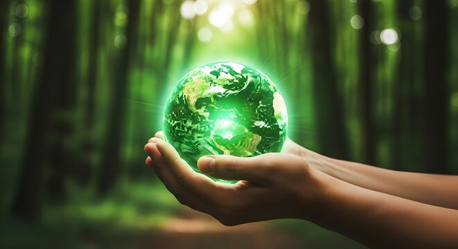Earth day celebration concept with hands holding glowing green globe in forest for environmental awareness and sustainable future design