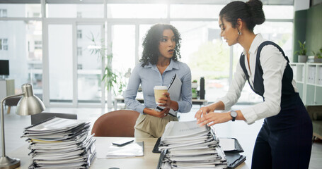 Women, stress and overwhelmed with stack, documents and surprise with overtime at finance company. People, shock and crisis with admin, paperwork and workload increase for team at insurance agency