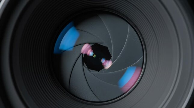 A close-up of a camera lens aperture, showing the diaphragm blades closing down and reflections on the glass elements.