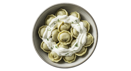 Dumplings in a White Ceramic Bowl with Sour Cream and Green Herbs on Top