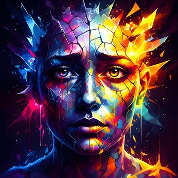 portA shattered glass face mirrors sorrow and hope in vivid hues, blending pain and beauty through emotion.rait of a girl