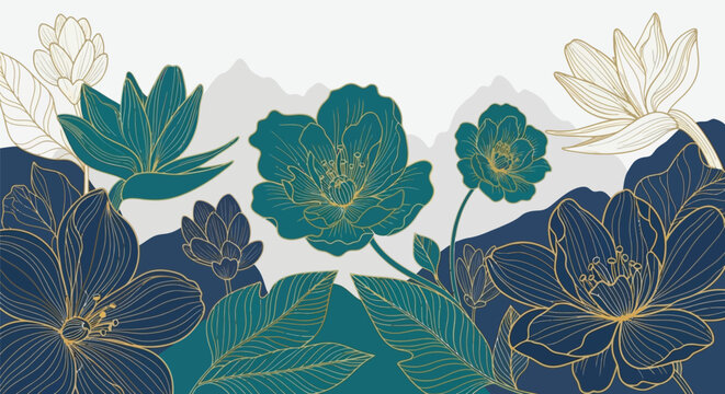 Oriental Floral Line Art Background with Gold Accents and Mountain Landscape