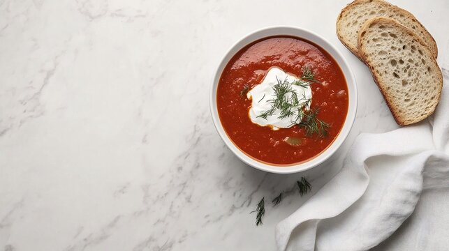 A warm bowl of tomato soup topped with sour cream and fresh dil