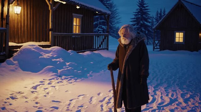 man with beard stands in winter coat and hat by cabin. man holds shovel in snow under warm light at night. footprint trail crosses yard near pine tree and porch. soft moon glow frames yard sky.
