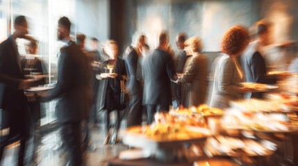 Abstract blurred people socializing during buffet lunch break at business meeting or conference, corporate networking event with diverse attendees mingling, engaging conversations, and professional at