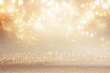 Festive gold fireworks and sparkly glitter creating an attractive scene. Perfect for new years eve or celebration designs. Vibrant gold fireworks and swirling glitter add a festive touch.
