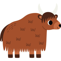 Brown Yak With Long Shaggy Fur and White Horns Standing Profile View Isolated on Transparent Background Simple Flat Illustration