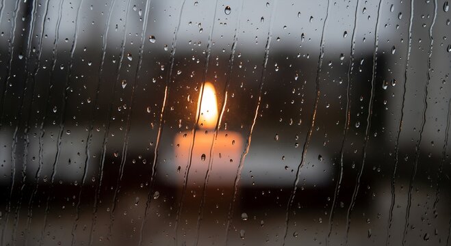 Candle flame glowing behind raindrops on a glass window  
