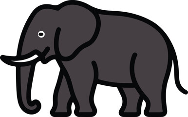 Obraz premium Dark gray elephant vector illustration with white tusks and eye standing on a solid black background.