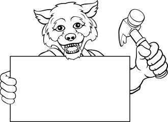 A wolf handyman or carpenter cartoon construction man mascot character holding a hammer tool