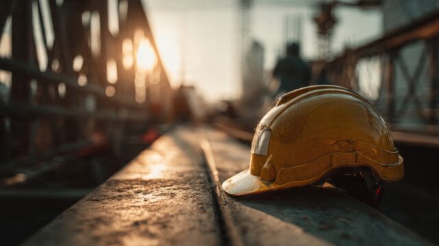 Safety helmet on steel beam at construction site morning light closeup photography industrial environment concept of dedication