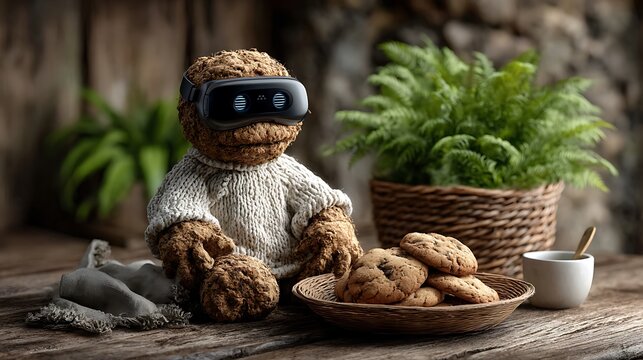 Still life with knitting basket, fresh cookies on plate, VR headset and toy robot on antique coffee table.