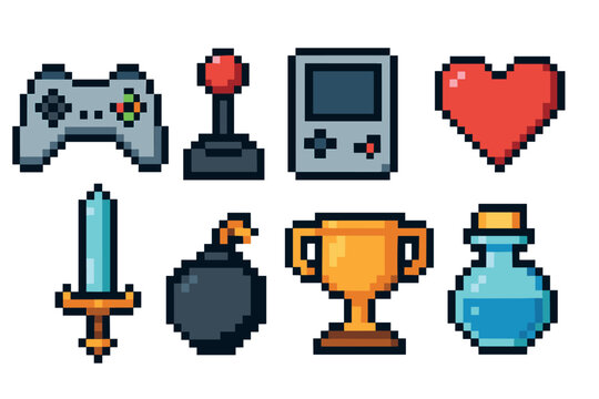 Pixel art collection of gaming icons for retro enthusiasts. Set of 6 Christmas vector illustration