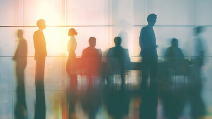 A group of people in business suits in a meeting in a brightly lit office with large windows. Blurred silhouettes of managers and executives. High quality