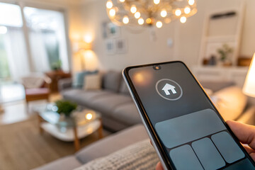 Hand holding smartphone controlling smart home lighting and devices. Innovative IoT technology concept for modern connected lifestyle.