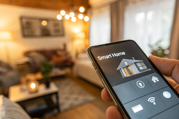 Person using smartphone with smart home control app. Concept of home automation, IoT, AI technology, and modern connected living space.