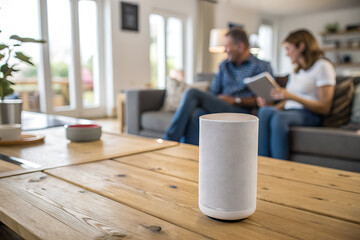 Smart speaker device on wooden table in cozy living room. Concept of smart home, AI assistant, and modern connected household technology.