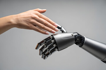 Human hand reaching out to robotic hand. Concept of artificial intelligence, technology collaboration, and future interaction between humans and machines.