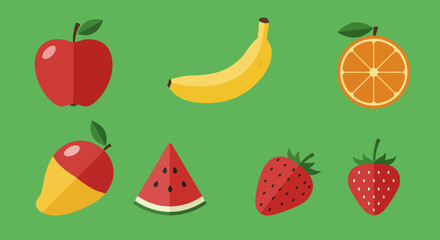 Collection of Fresh Fruits on Green Background.